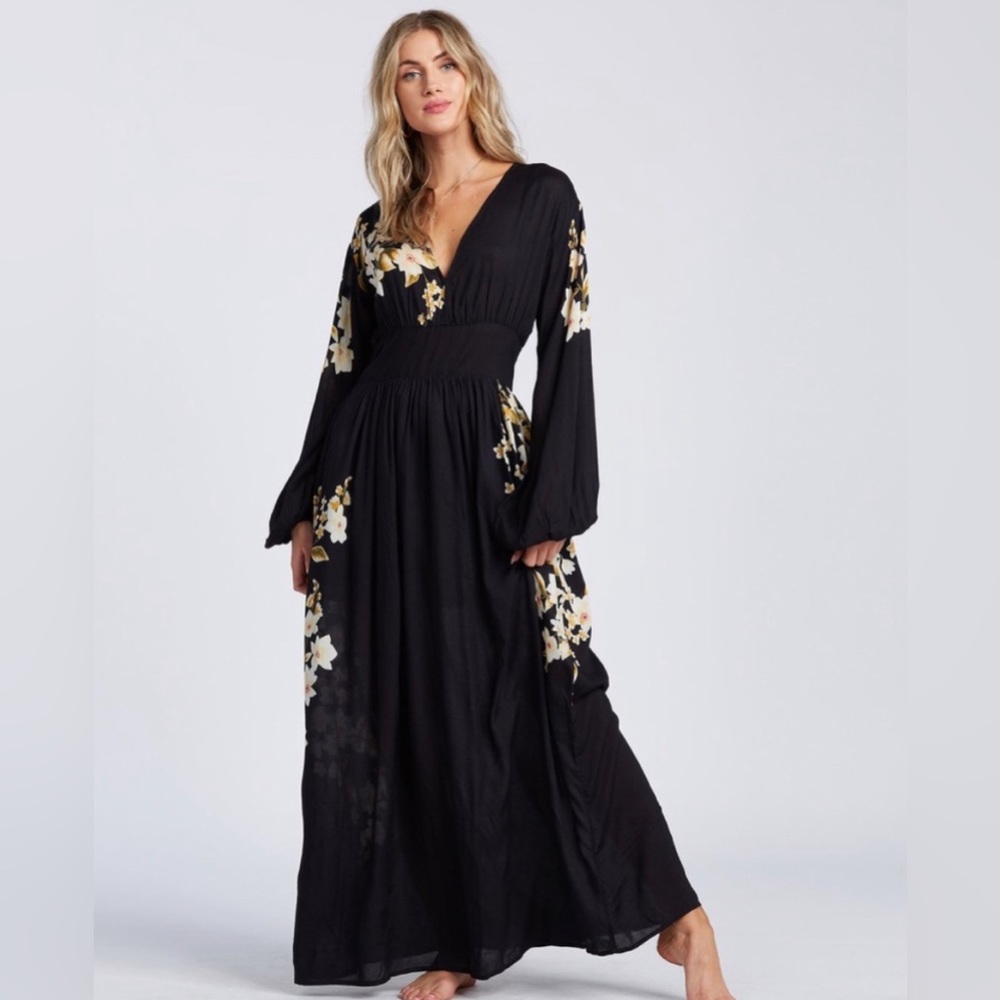 Black and yellow floral flowy maxi Billabong dress